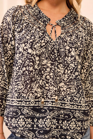 Floral Smocked Neck Tassel-Tie Long Puff Sleeve Blouse-Black/white