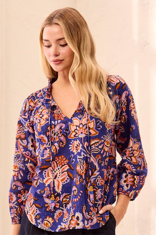 Floral Smocked Neck Tassel-Tie Long Puff Sleeve Blouse-Electric blue