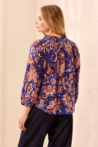 Floral Smocked Neck Tassel-Tie Long Puff Sleeve Blouse-Electric blue