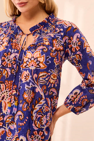 Floral Smocked Neck Tassel-Tie Long Puff Sleeve Blouse-Electric blue