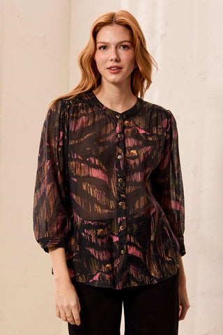 Flowy Dolman Sleeve Blouse With Self-Covering Buttons-Black