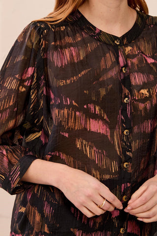 Flowy Dolman Sleeve Blouse With Self-Covering Buttons-Black