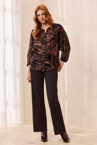 Flowy Dolman Sleeve Blouse With Self-Covering Buttons-Black