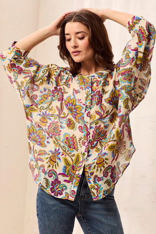 Flowy Dolman Sleeve Blouse With Self-Covering Buttons-Equinoxgold