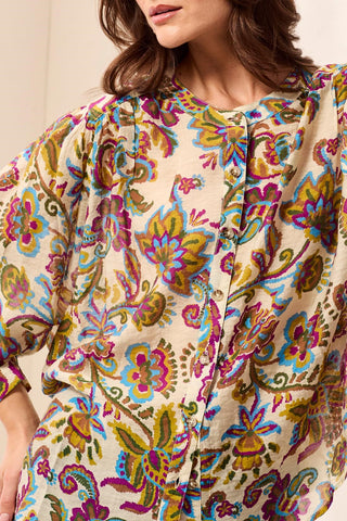 Flowy Dolman Sleeve Blouse With Self-Covering Buttons-Equinoxgold