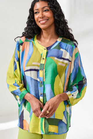 Flowy Dolman Sleeve Blouse With Self-Covered Buttons-Mojito