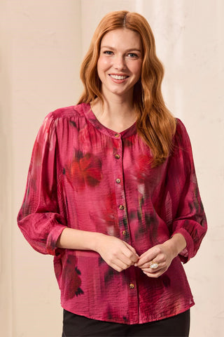 Flowy Dolman Sleeve Blouse With Self-Covering Buttons-Nostalgia