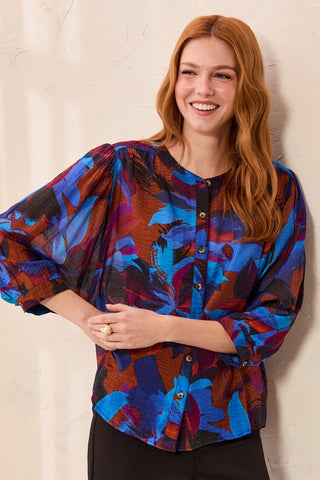 Flowy Dolman Sleeve Blouse With Self-Covering Buttons-Sharpblue