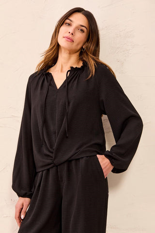 Flowy Long Puff Sleeves Notch Neck Tie Front Blouse-Black