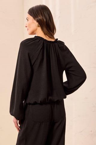 Flowy Long Puff Sleeves Notch Neck Tie Front Blouse-Black