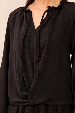 Flowy Long Puff Sleeves Notch Neck Tie Front Blouse-Black