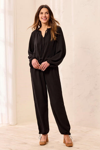 Flowy Long Puff Sleeves Notch Neck Tie Front Blouse-Black
