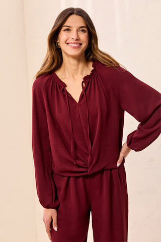 Blouse Fluide À Manches Raglan À Encolure Fendue-Cerise