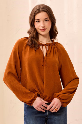 Flowy Long Puff Sleeves Notch Neck Tie Front Blouse-Rust