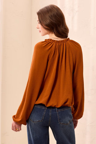 Flowy Long Puff Sleeves Notch Neck Tie Front Blouse-Rust