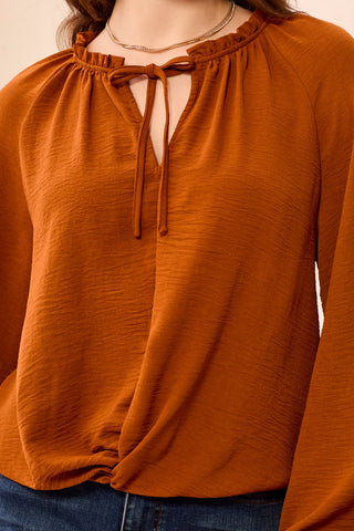 Flowy Long Puff Sleeves Notch Neck Tie Front Blouse-Rust
