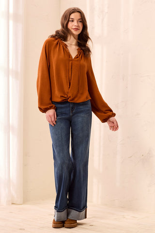 Flowy Long Puff Sleeves Notch Neck Tie Front Blouse-Rust