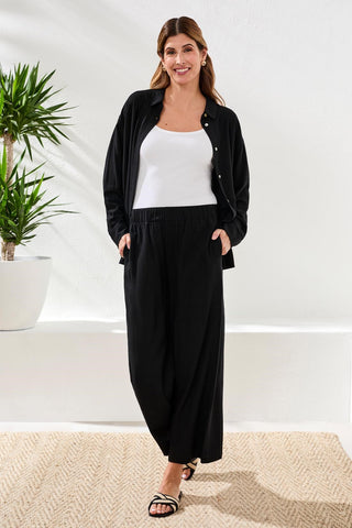 Flowy Linen Wide Leg Ankle Pant-Black