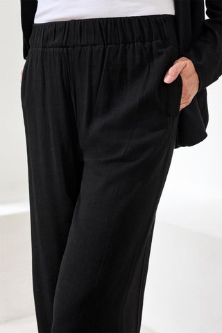 Flowy Linen Wide Leg Ankle Pant-Black