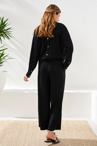 Flowy Linen Wide Leg Ankle Pant-Black