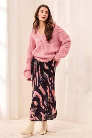 Flowy Plisse Printed Maxi Skirt-Rose