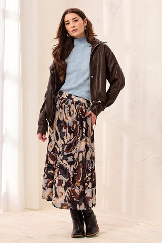 Flowy Plisse Printed Crepe Skirt-Steel