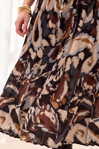 Flowy Plisse Printed Crepe Skirt-Steel