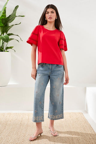 Flutter Sleeve Crew Neck Top-Sangria