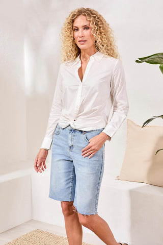 Chemise À Manches Longues Avec Nœud Devant-Blanc