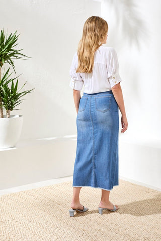 Full Length Front Slit-Denim Skirt-Fjordblue