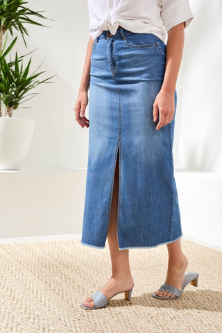 Full Length Front Slit-Denim Skirt-Fjordblue