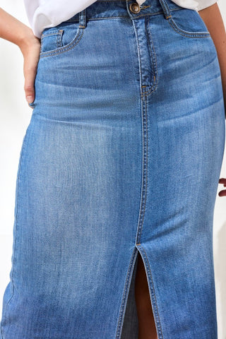 Full Length Front Slit-Denim Skirt-Fjordblue