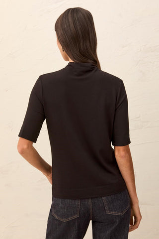 Funnel Neck Elbow Sleeve Soft Knit Top-Black
