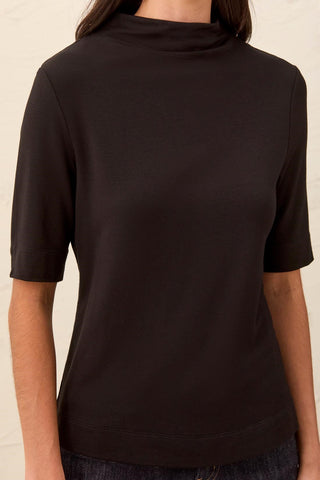 Funnel Neck Elbow Sleeve Soft Knit Top-Black