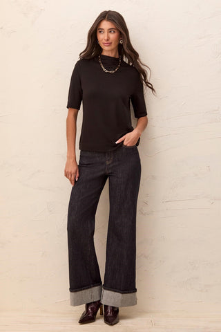 Funnel Neck Elbow Sleeve Soft Knit Top-Black