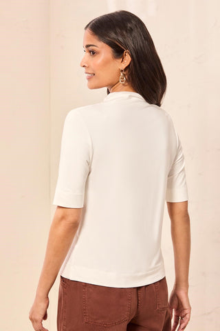 Funnel Neck Elbow Sleeve Soft Knit Top-Cream