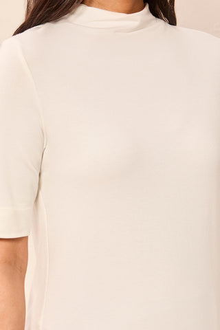 Funnel Neck Elbow Sleeve Soft Knit Top-Cream