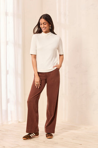 Funnel Neck Elbow Sleeve Soft Knit Top-Cream