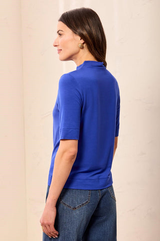 Funnel Neck Elbow Sleeve Soft Knit Top-Electric blue