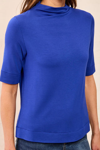 Funnel Neck Elbow Sleeve Soft Knit Top-Electric blue