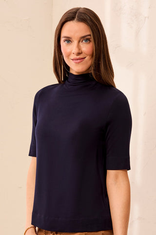 Funnel Neck Elbow Sleeve Soft Knit Top-Nightfall