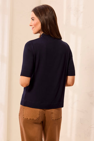 Funnel Neck Elbow Sleeve Soft Knit Top-Nightfall