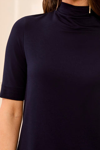 Funnel Neck Elbow Sleeve Soft Knit Top-Nightfall