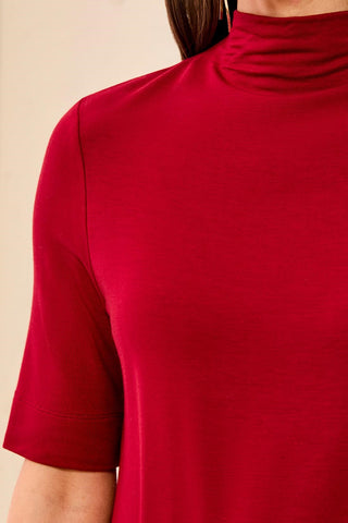 Funnel Neck Elbow Sleeve Soft Knit Top-Pinot