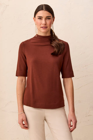 Funnel Neck Elbow Sleeve Soft Knit Top-Rusticbrown
