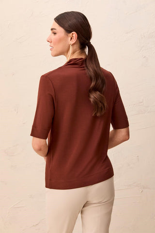 Funnel Neck Elbow Sleeve Soft Knit Top-Rusticbrown
