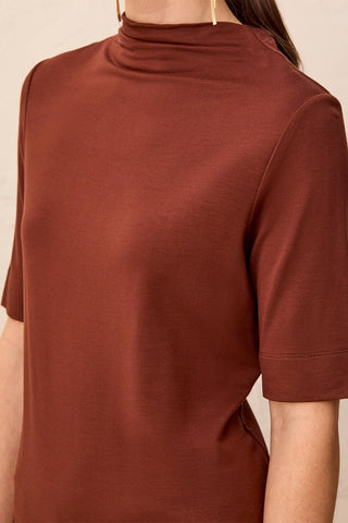 Funnel Neck Elbow Sleeve Soft Knit Top-Rusticbrown