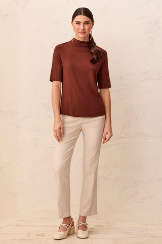 Funnel Neck Elbow Sleeve Soft Knit Top-Rusticbrown