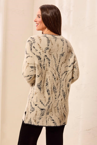 Fuzzy Animal Print Long-Sleeve V-Neck Sweater-Dullgold