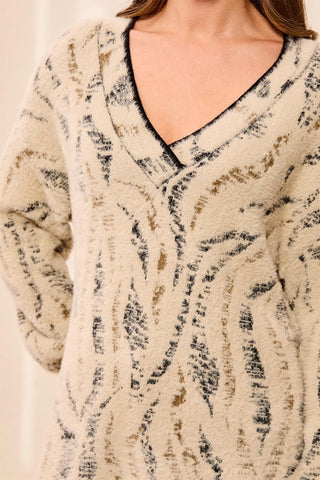 Fuzzy Animal Print Long-Sleeve V-Neck Sweater-Dullgold